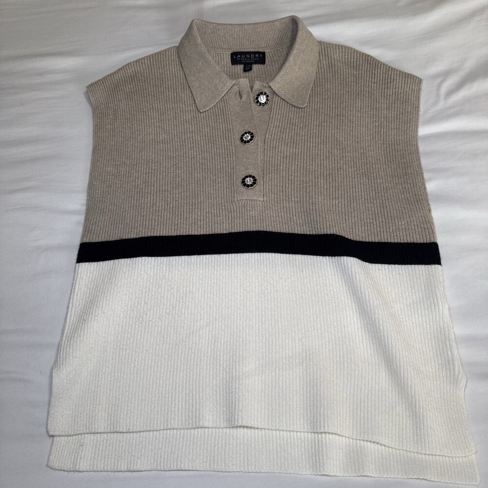 Laundry By Shelli Segal Large Ivory Tan Black Polo Sleeveless Knit Sweater EUC